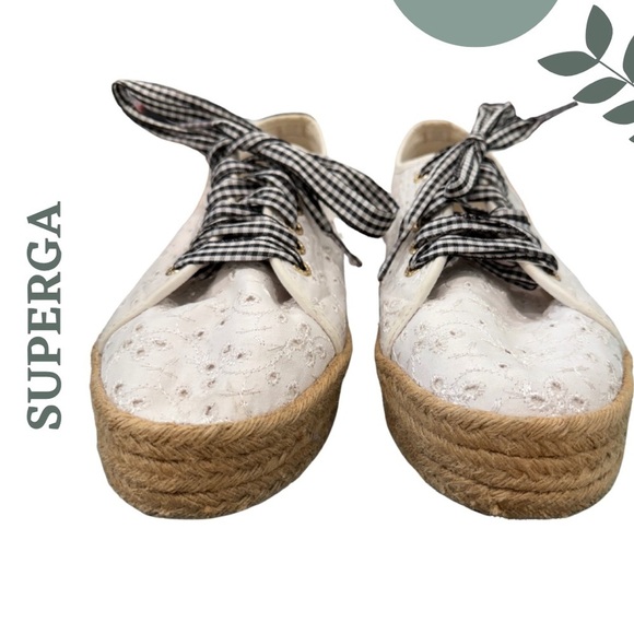 Superga White Eyelet Espadrille Platform Sneakers | Gingham Laces | Size 10 - Picture 4 of 9